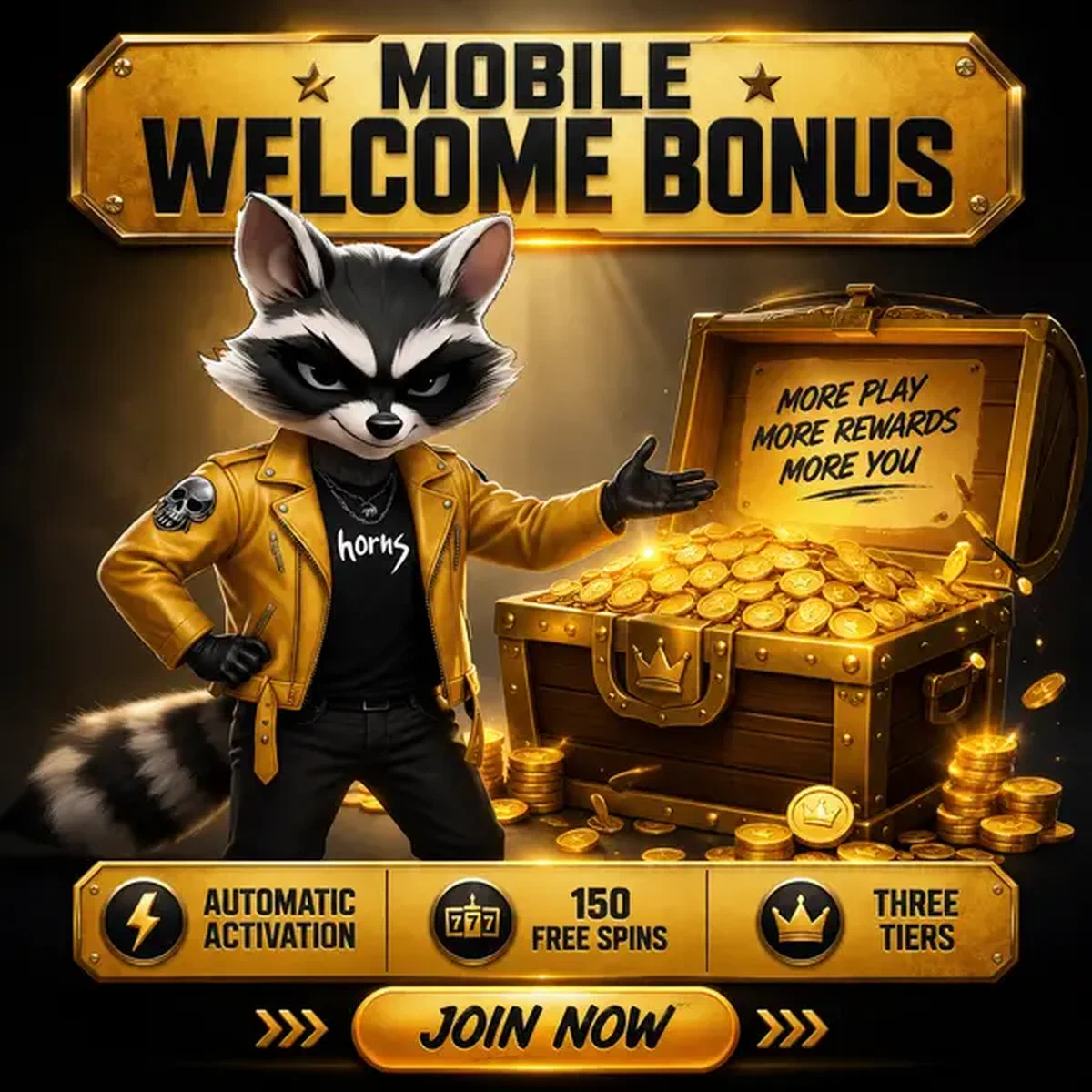 Raton laveur promotionnel présentant le coffre bonus de l'application mobile au casino Rockyspin