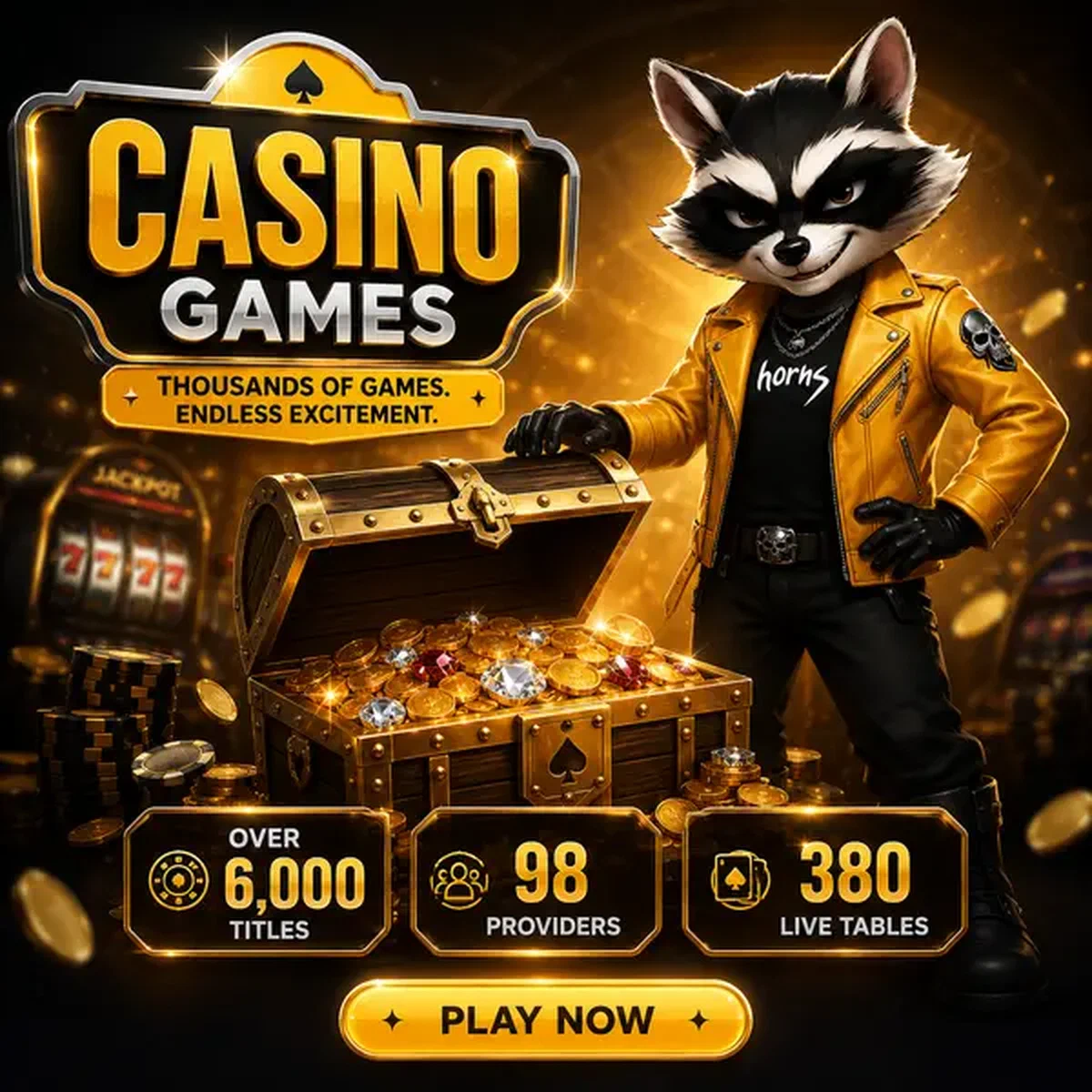 Raton laveur promoteur confiant révélant un trésor de jeux de casino chez Rockyspin avec plus de 6 000 titres