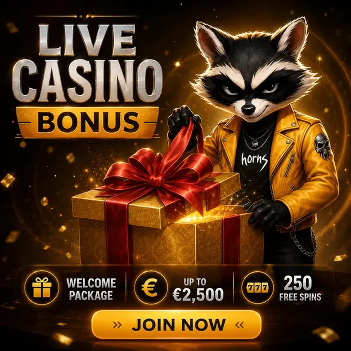 Raton laveur confiant dévoilant un cadeau bonus de casino en direct lors de la célébration de bienvenue Rockyspin