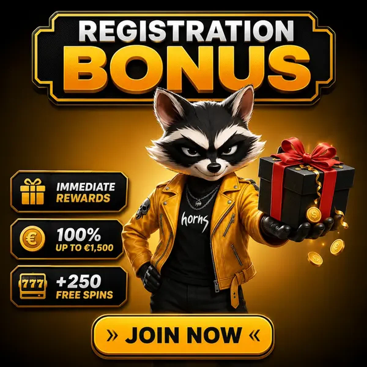 Raton laveur anthropomorphe en veste ambre présentant une boîte cadeau de bonus d'inscription au portail d'inscription Rockyspin