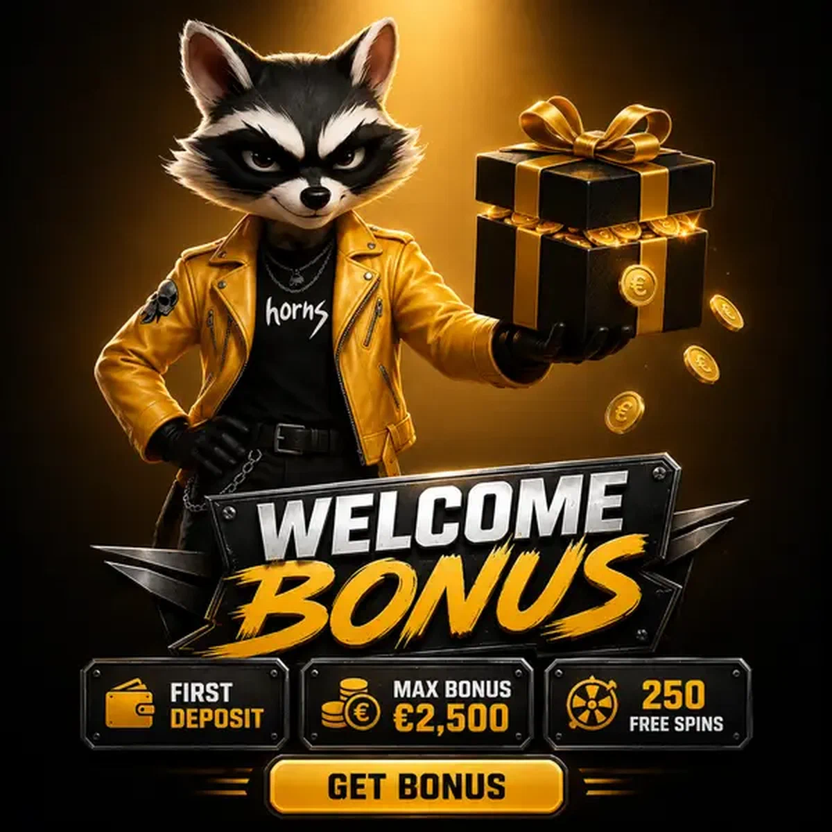 Raton laveur anthropomorphe présentant une boîte cadeau de bonus de bienvenue au Casino Rockyspin