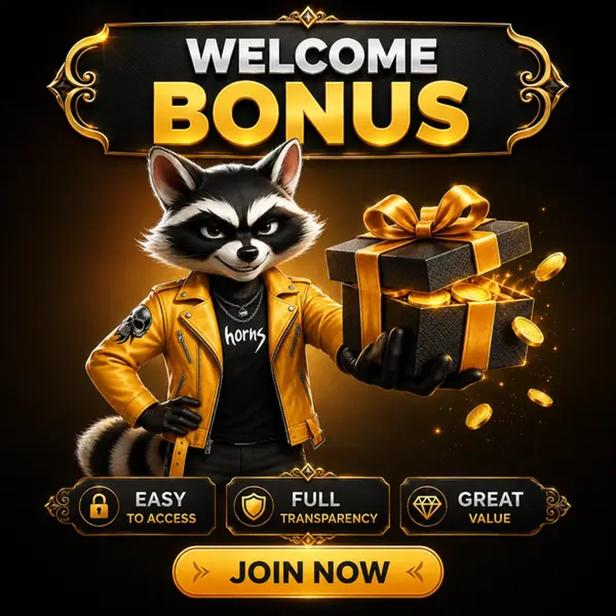 Raton laveur confiant présentant le cadeau bonus de bienvenue au portail de connexion Rockyspin Casino