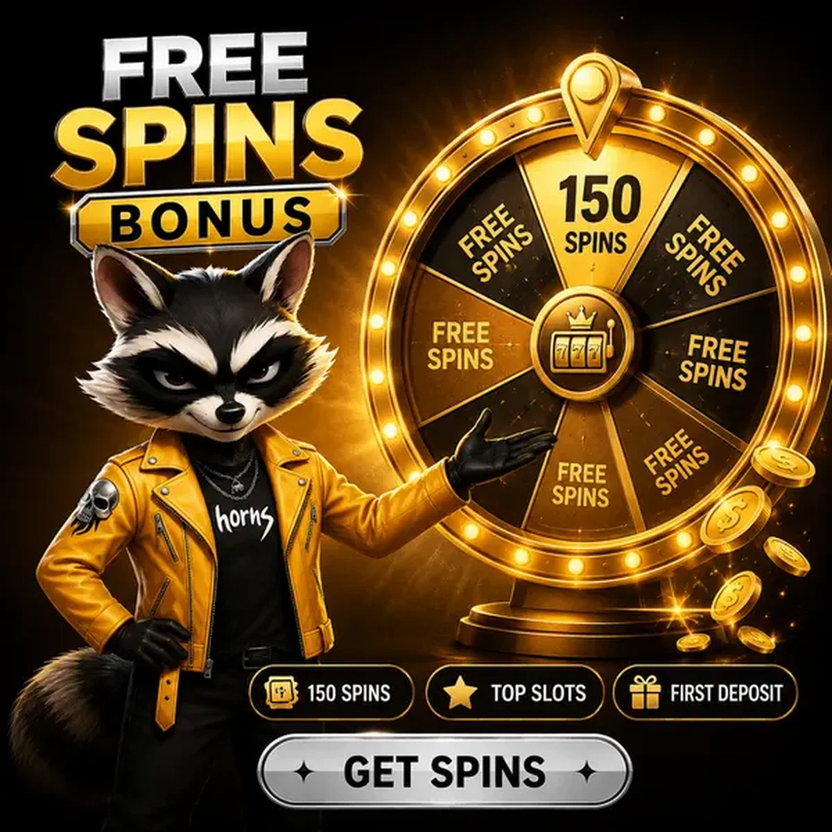 Raton laveur anthropomorphe en veste de cuir présentant une roue de prix dorée pour les tours gratuits chez Welcome Free Spins on Popular Slots