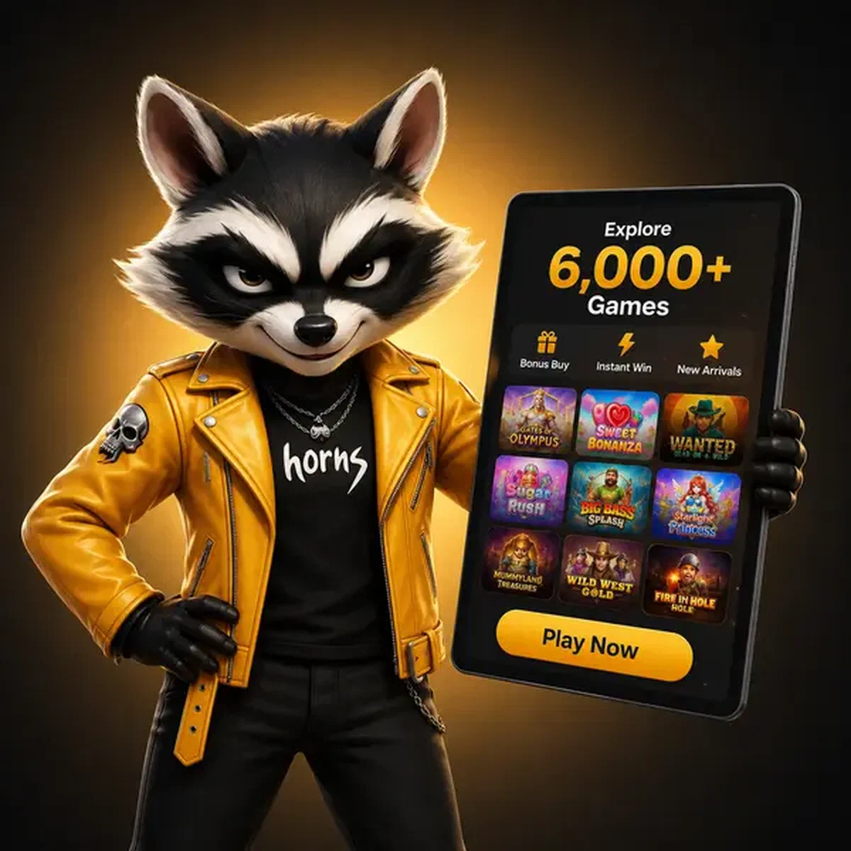 Raton laveur promoteur confiant affichant l'application mobile Rockyspin avec une vaste sélection de jeux
