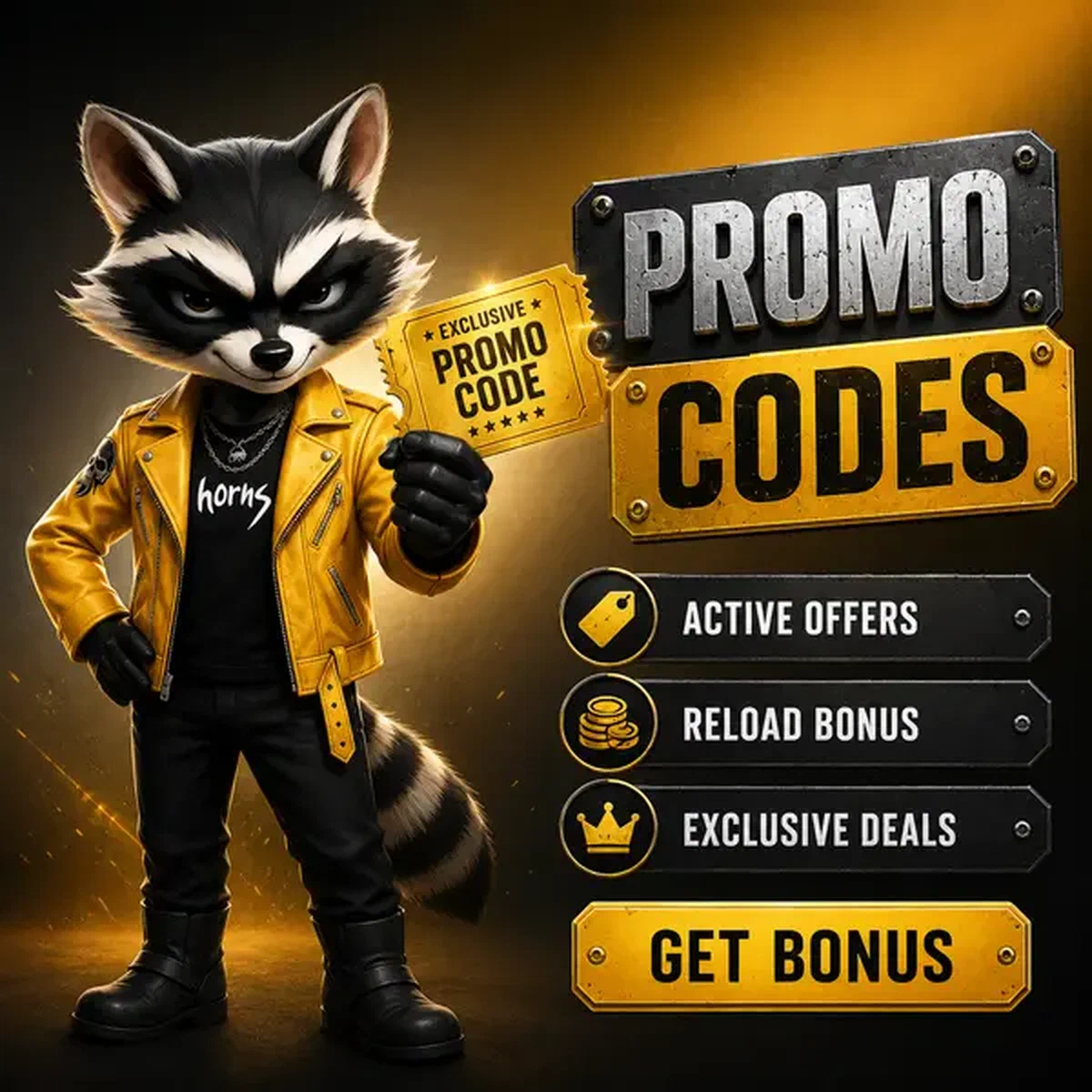 Raton laveur confiant présentant un bon de code promo doré au Casino Rockyspin