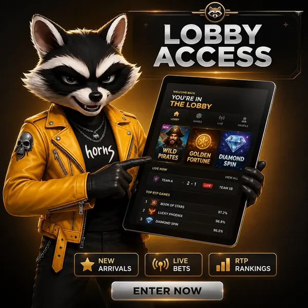 Raton laveur confiant démontre l'accès au lobby de Rockyspin Casino avec une interface tablette élégante