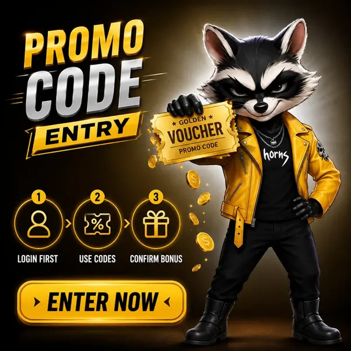 Raton laveur anthropomorphe présentant un bon de code promo à la caisse de Rockyspin Casino