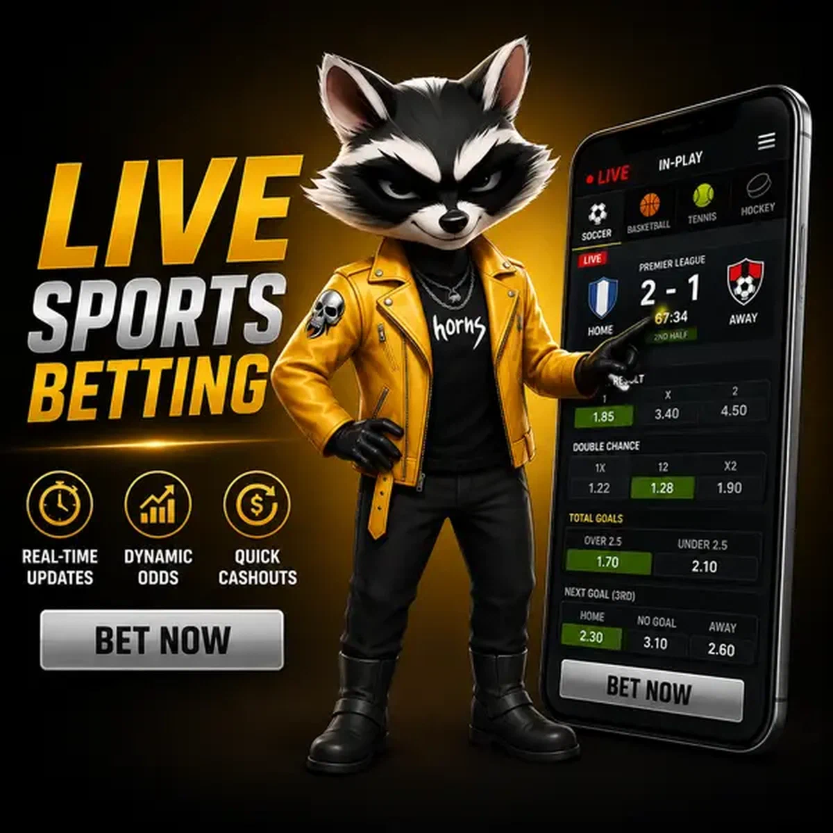 Personnage de raton laveur anthropomorphe parcourant l'application Paris Sportifs en Direct pour des mises à jour en temps réel