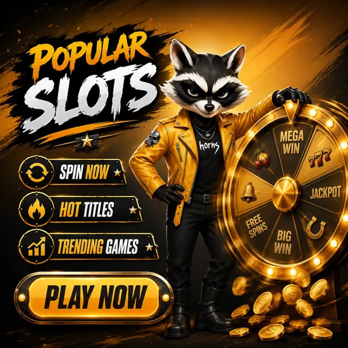 Personnage de raton laveur confiant faisant tourner une roue de prix dorée dans la salle des machines à sous Rockyspin