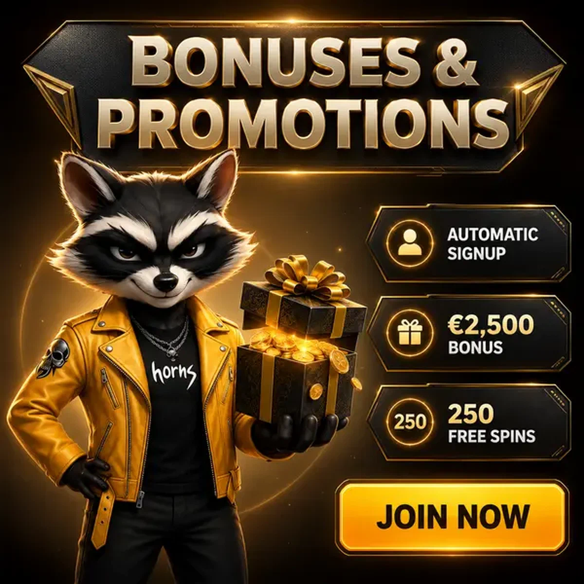 Raton laveur confiant présentant les bonus de Rockyspin Casino avec un coffret orné débordant de pièces d'or