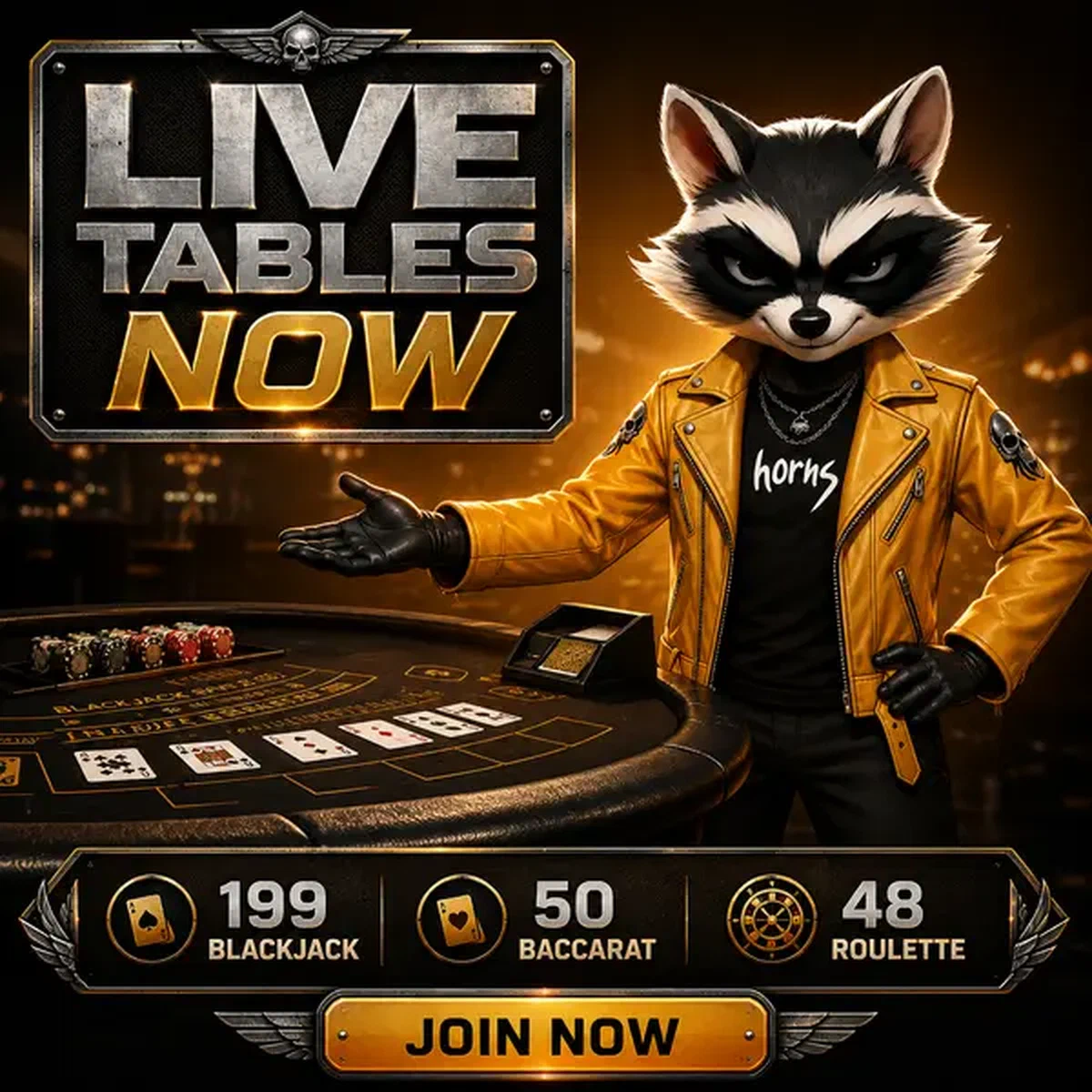 Croupier raton laveur confiant présentant les tables en direct chez Rockyspin avec un geste accueillant