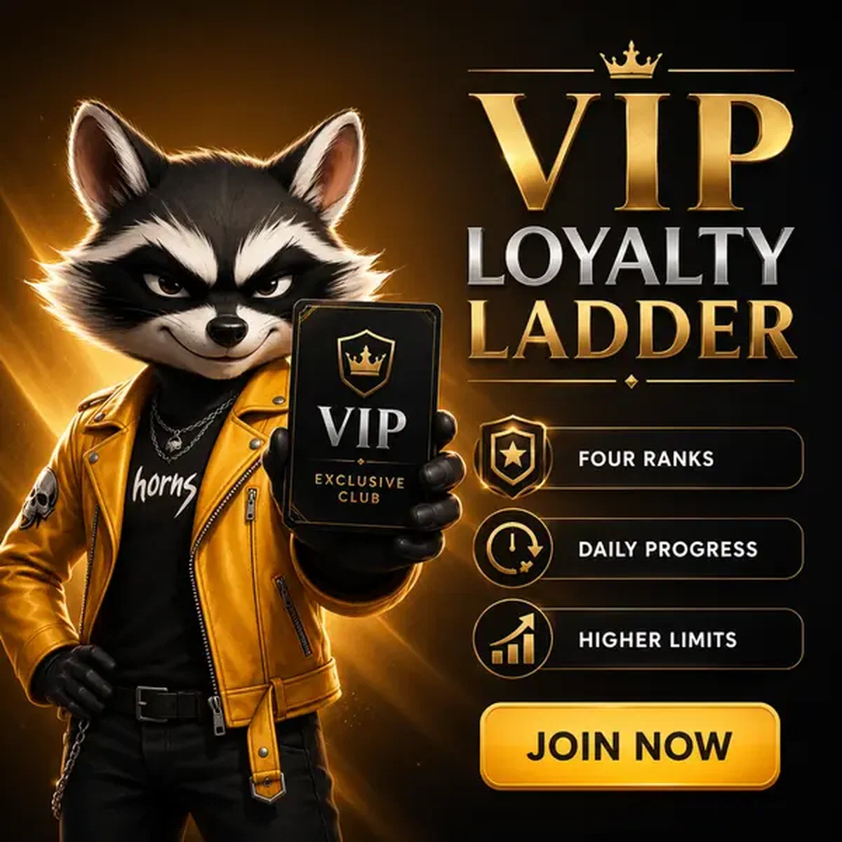 Raton laveur anthropomorphe en veste de cuir ambre présentant une carte de fidélité VIP chez Rockyspin Casino