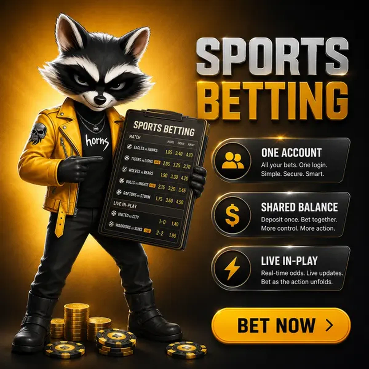 Raton laveur confiant présentant un registre de paris sportifs sur le bureau d'analyse Rockyspin Sports Betting